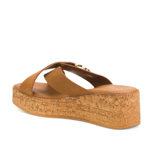 NWT LOTTINI Italy Suede Cross Band with Buckle Cork Wedge Slide on Sandals - Picture 3 of 4
